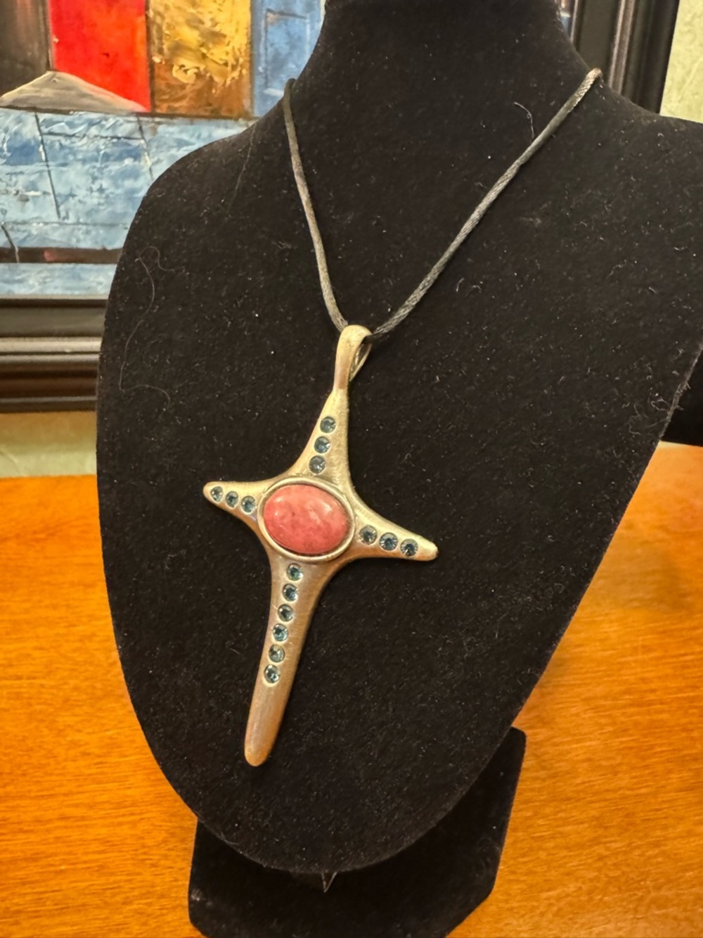 Antiqued Silver-Tone Cross Pendant Necklace w/ Pink and Blue Accent Stones